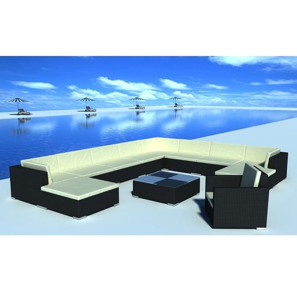 vidaXL 12 Piece Garden Lounge Set with Cushions Poly Rattan Black - 28" x 28" x 25"