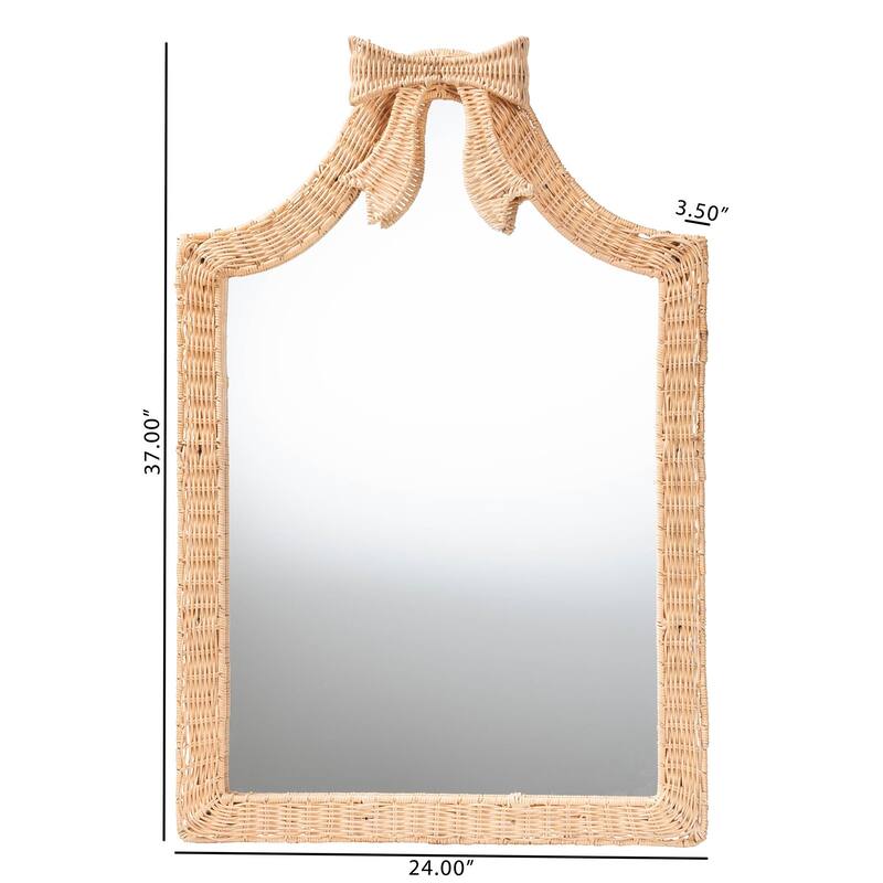 Creusa Natural Rattan Wall Mirror - Handwoven Arched Mirror with Scalloped Corners and Bow Accent, Boho Coastal Style - Honey