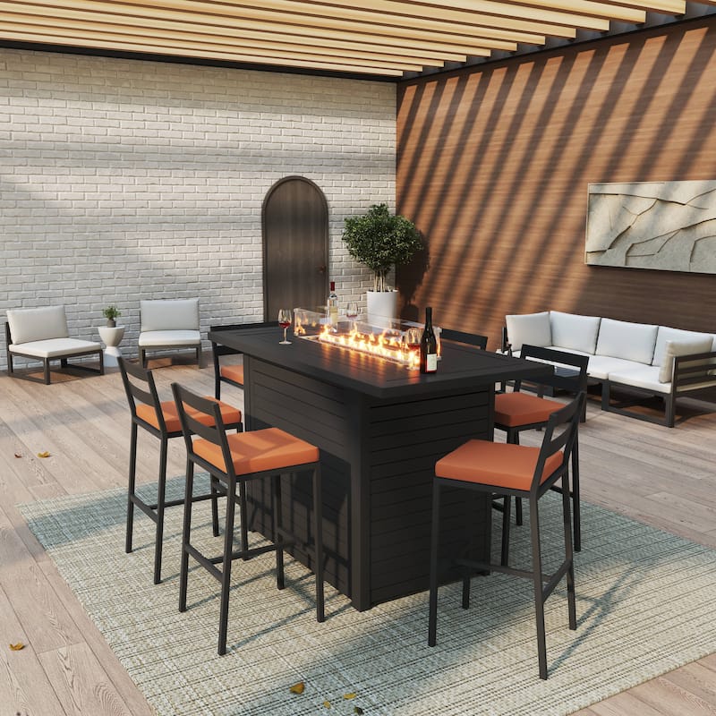 7-Piece Outdoor Patio Bar Height Dining Set in Aluminum with Rectangular Fire Pit Table and 6 Barstool