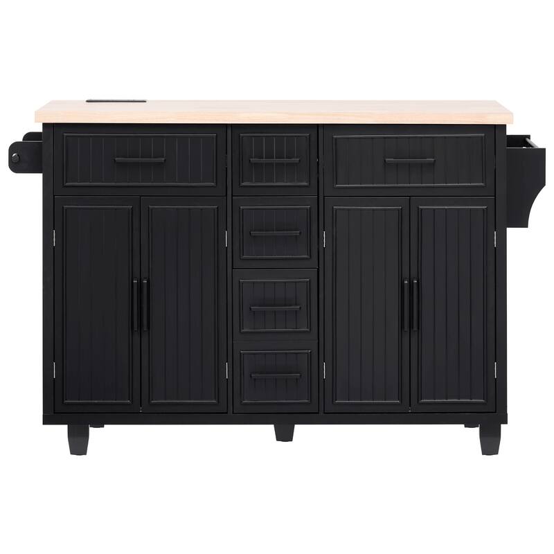 56.5'' Rubber Wood Kitchen Island with Drop Leaf, Power Outlet, Rolling Wheels, 5 Deep Drawers and Adjustable Shelves