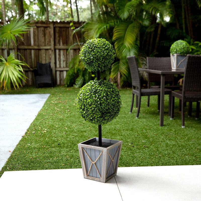Potted Double Ball Boxwood Artificial Topiary Tree - 3' - Clear LED Lights