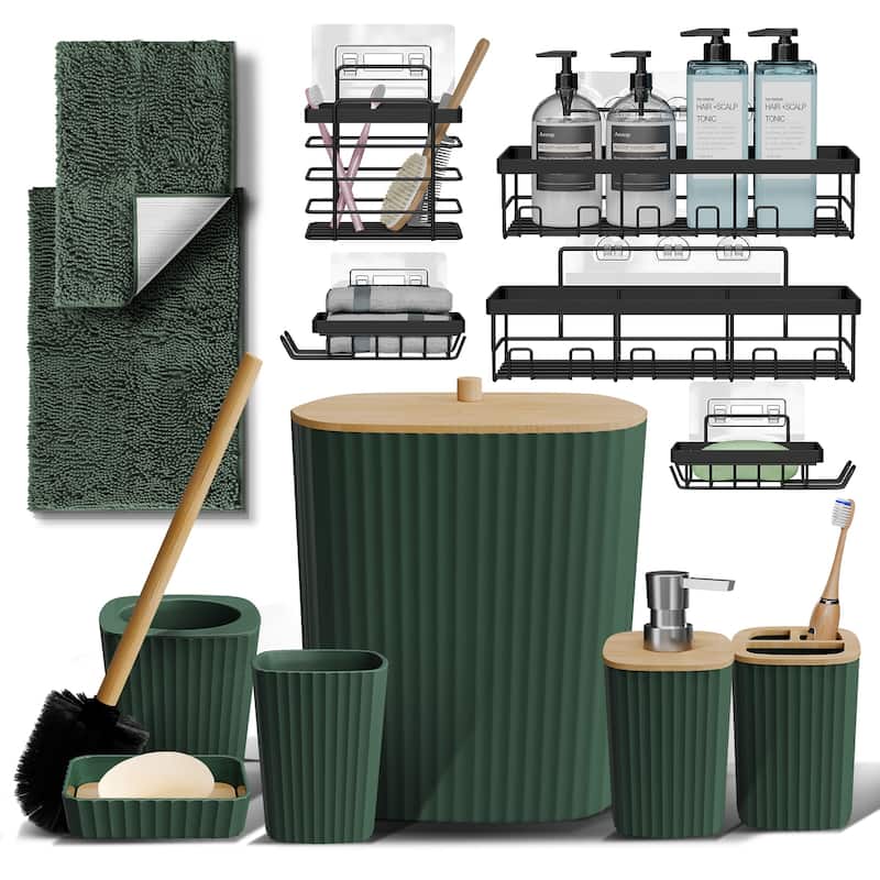 Emperyan Bathroom Accessory Set - Complete Set + Bath Rugs + Shower Caddy - Hunter Green