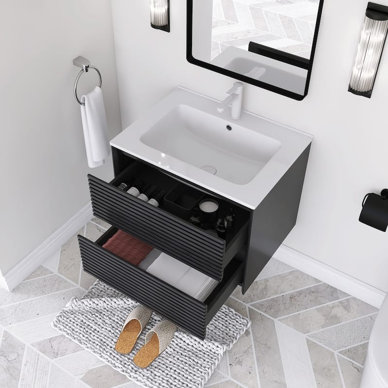 Wall-Mounted Bathroom Vanity with White Ceramic Sink