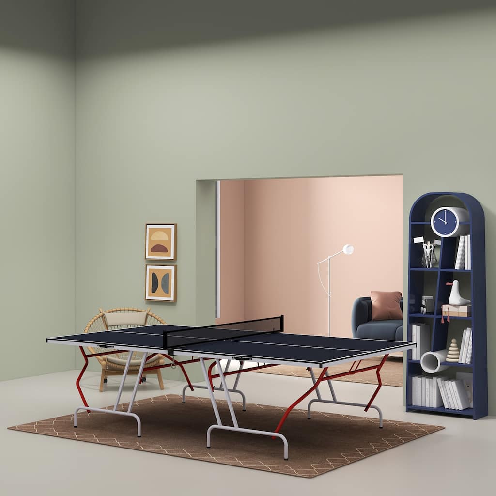 Soozier Full Size Ping Pong Table, Folds into Quarters, Portable Table Tennis Table with Net, Paddles, Balls, MDF, Charcoal Gray