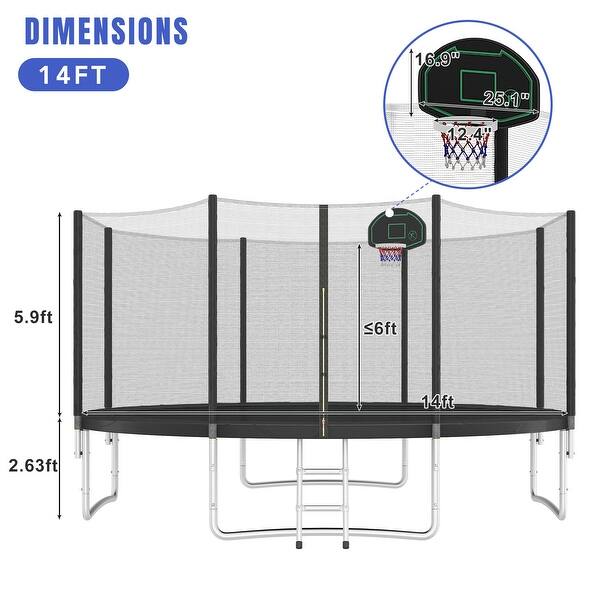 dimension image slide 1 of 2, 14ft Trampoline with Enclosure Basketball Hoop and Ladder Easy Assembly for Kids
