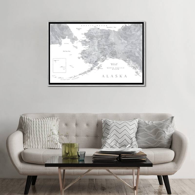 iCanvas "Gray Watercolor Detailed Map Of Alaska" by blursbyai Framed