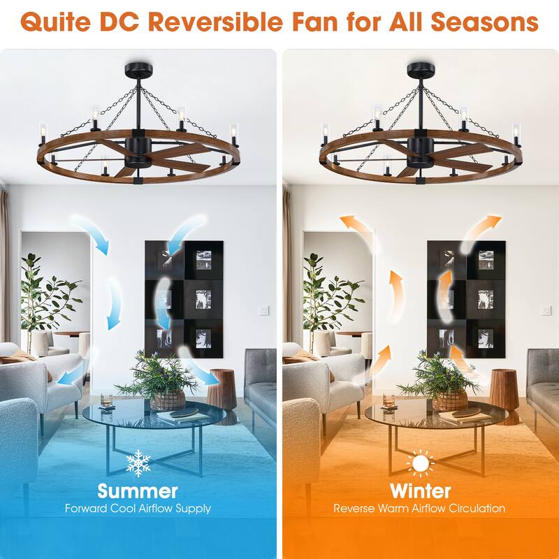 52" Farmhouse Black Wagon Wheel Caged Chandelier Ceiling Fan with Light and Remote