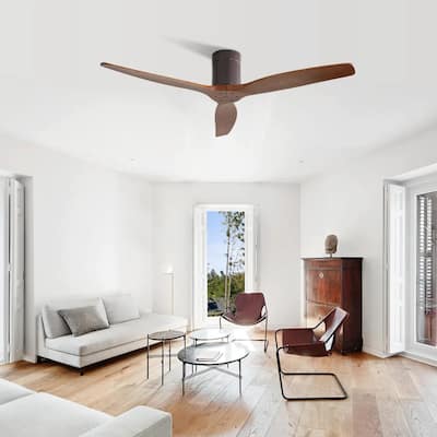 52 inch Flush Mount Ceiling Fan without Light, Indoor/Outdoor Solid Wood Remote Control Ceiling Fan with 3 Reversible Blades