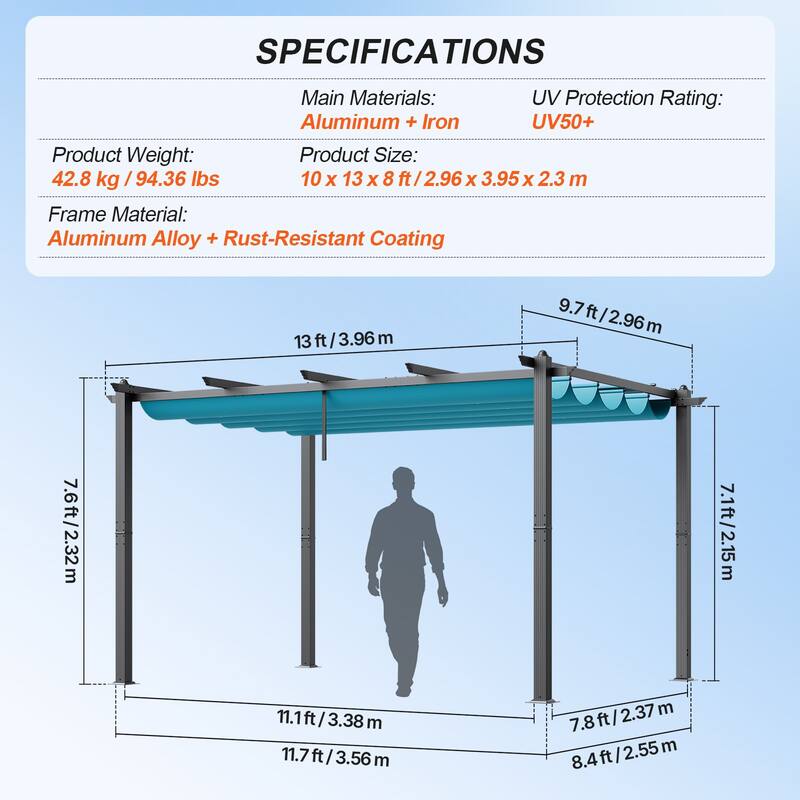 10 x 13 Feet Aluminum Outdoor Retractable Pergola with Sun Shade Adjustable Retractable Canopy