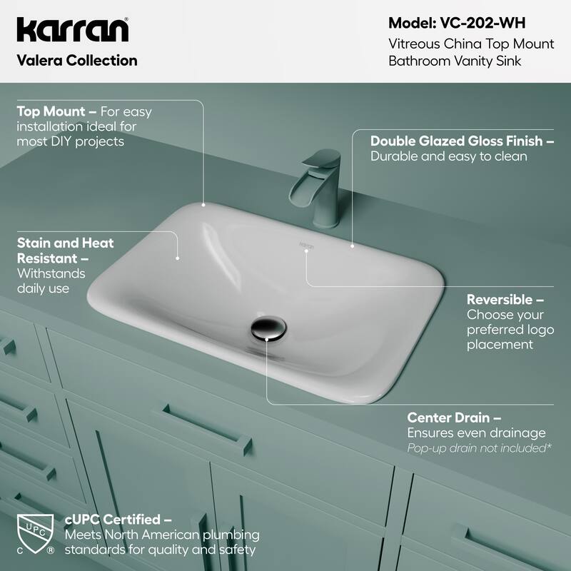 Karran Valera 21" Top Mount Vitreous China Bathroom Sink in White