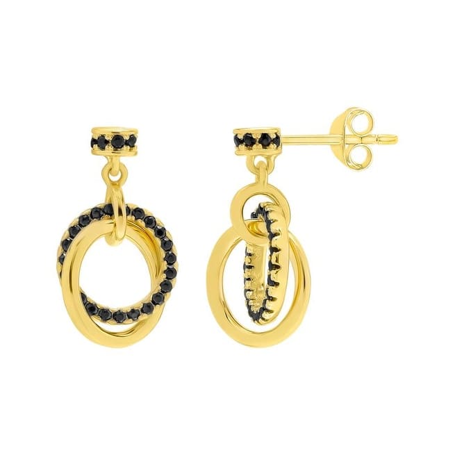 Gold Plated Sterling Silver Black Spinel Interlocked Drop Earrings