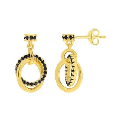 Gold Plated Sterling Silver Black Spinel Interlocked Drop Earrings