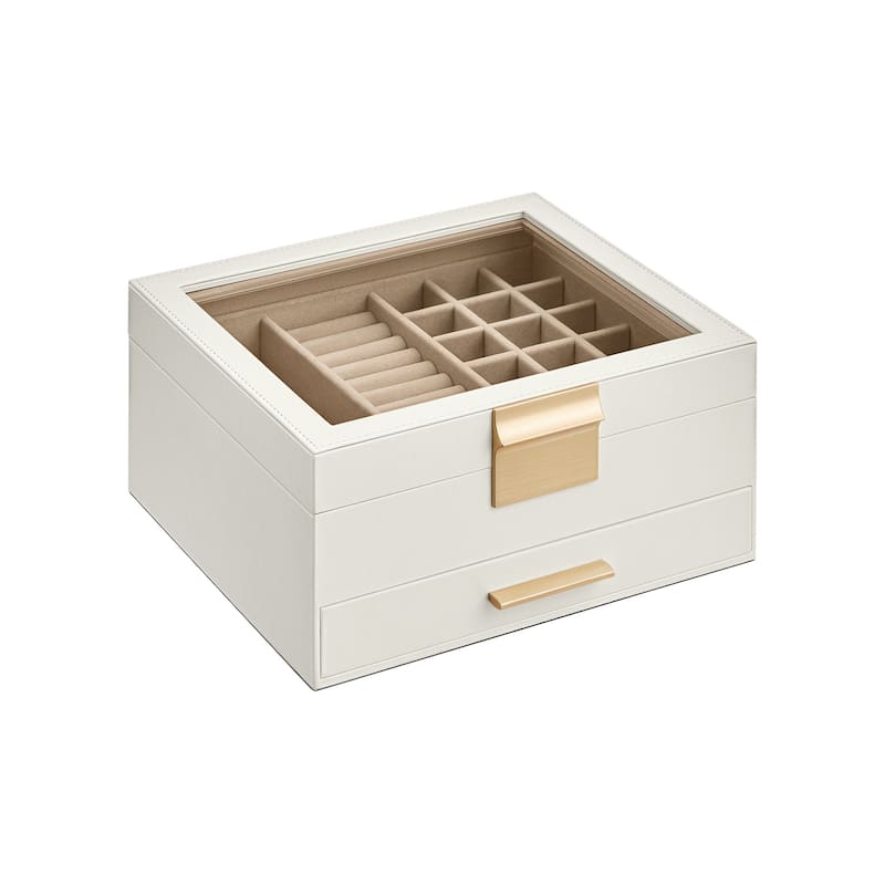 Modern Jewelry Organizer with Multiple Drawers Glass Top and Velvet Interior for Storage - 2- Layer - Cloud-White-Gold