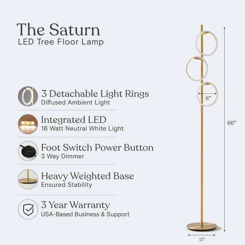 Brightech Saturn 66 in. Industrial 3-Light 3-Way Dimming LED Floor Lamp with 3 Replaceable LED Rings
