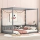 preview thumbnail 23 of 32, Full Size Pine Wood Canopy Frame Floor Bed with Fence and Guardrails for Bedroom Full - Grey