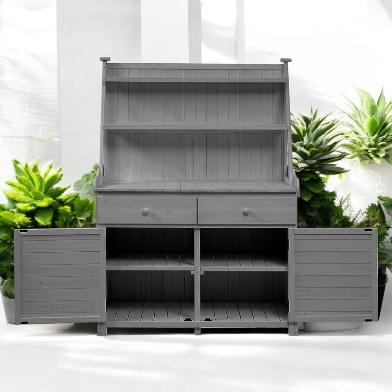 65" Garden Potting Bench Table with Storage Shelves, Drawers, and Cabinet – Fir Outdoor Planting Station with Storage Shelves