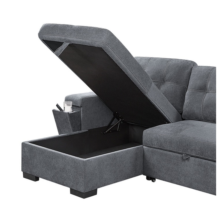 Toby 95-inch Gray Reversible Sleeper Sectional Sofa with Storage Chaise, Cup Holder and USB Ports - 95"W x 62"D x 36.5"H