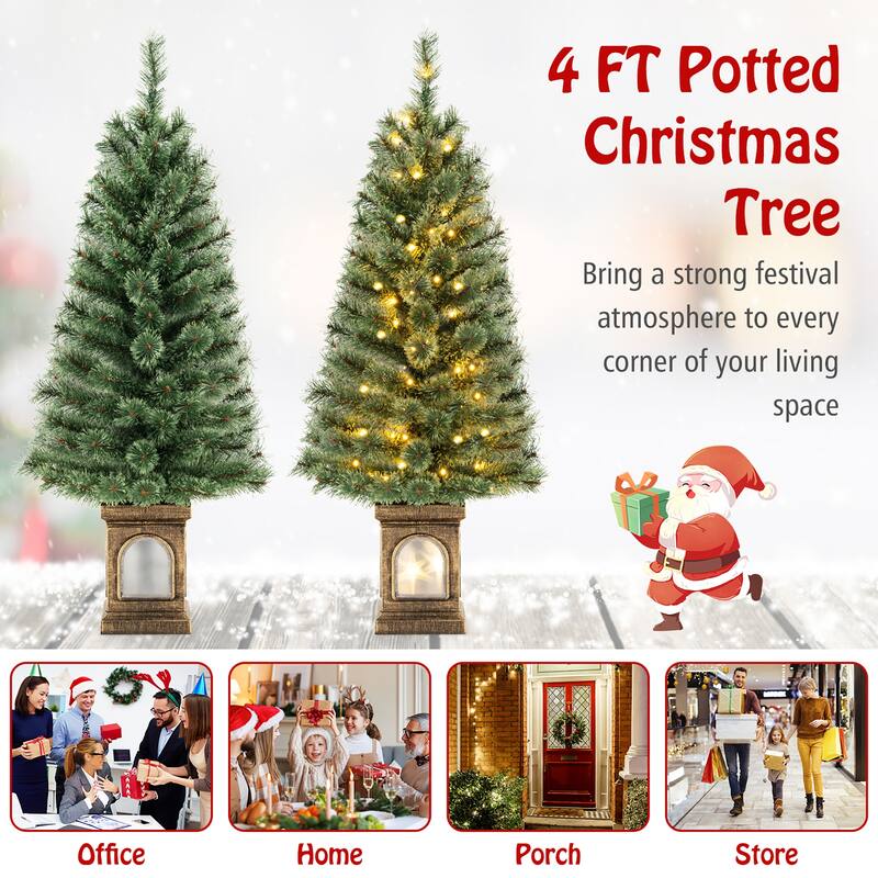 Gymax 2 PCS 4 FT Pre-Lit Potted Christmas Tree Artificial Entrance