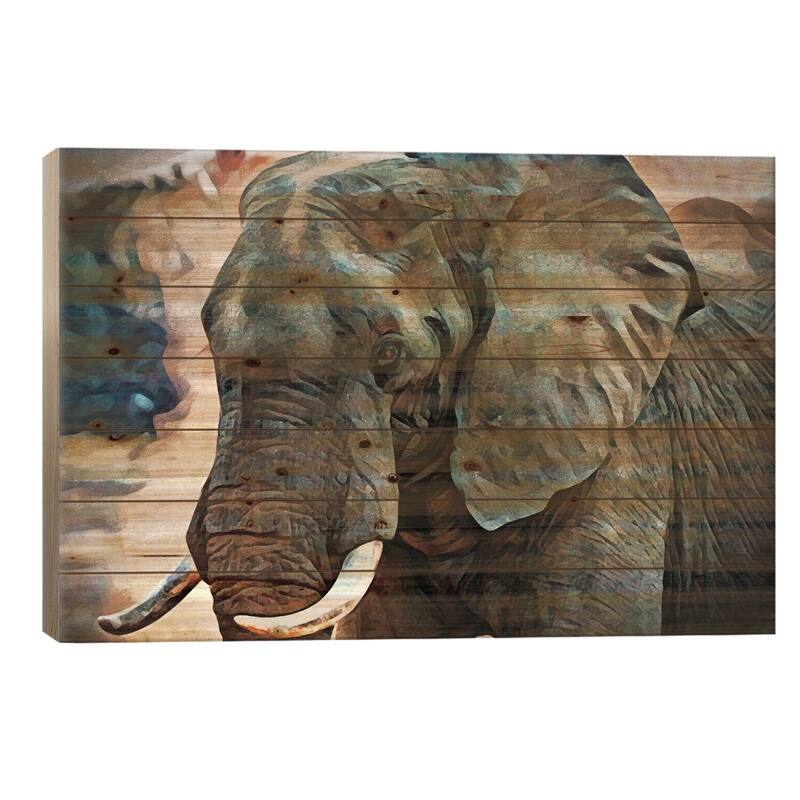 African Elephant Kicking Up Dirt Print On Wood by Ashley Aldridge - Multi-Color - 26x40x1.5