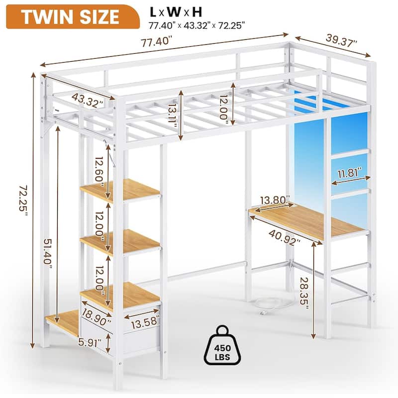 Loft Bed with Desk Gaming Bunk Bed LED Lights Charging Station