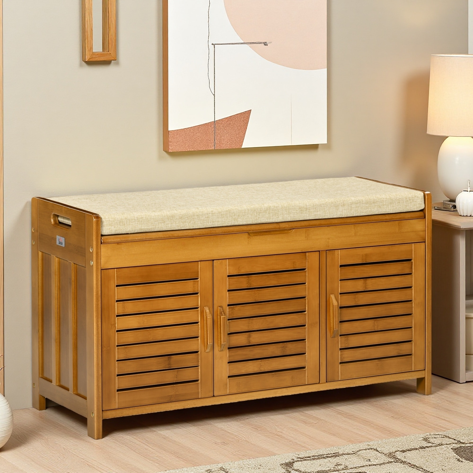 35.25"L Bamboo Shoe Bench with Storage Cabinets, 3 Doors