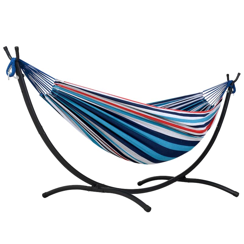 9.35 ft. 2-Person Brazilian-Style Foldable and Portable Outdoor Hammock Bed with Stand Set - 112.2 in.* 44.1 in. *40.9 in. - Blue, Gray, Red