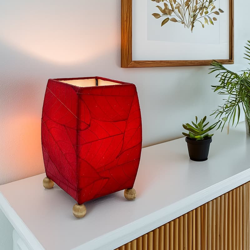 Handmade Mini Square Cocoa Leaf Table Lamp, Cocoa Leaves Shade, 6 x 6 x 9 in. - Red