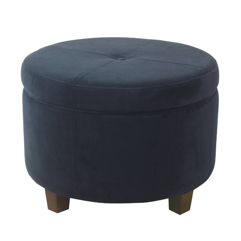 Soni Round Storage Ottoman, 24 Inch Navy Blue Velvet, Dark Brown Legs
