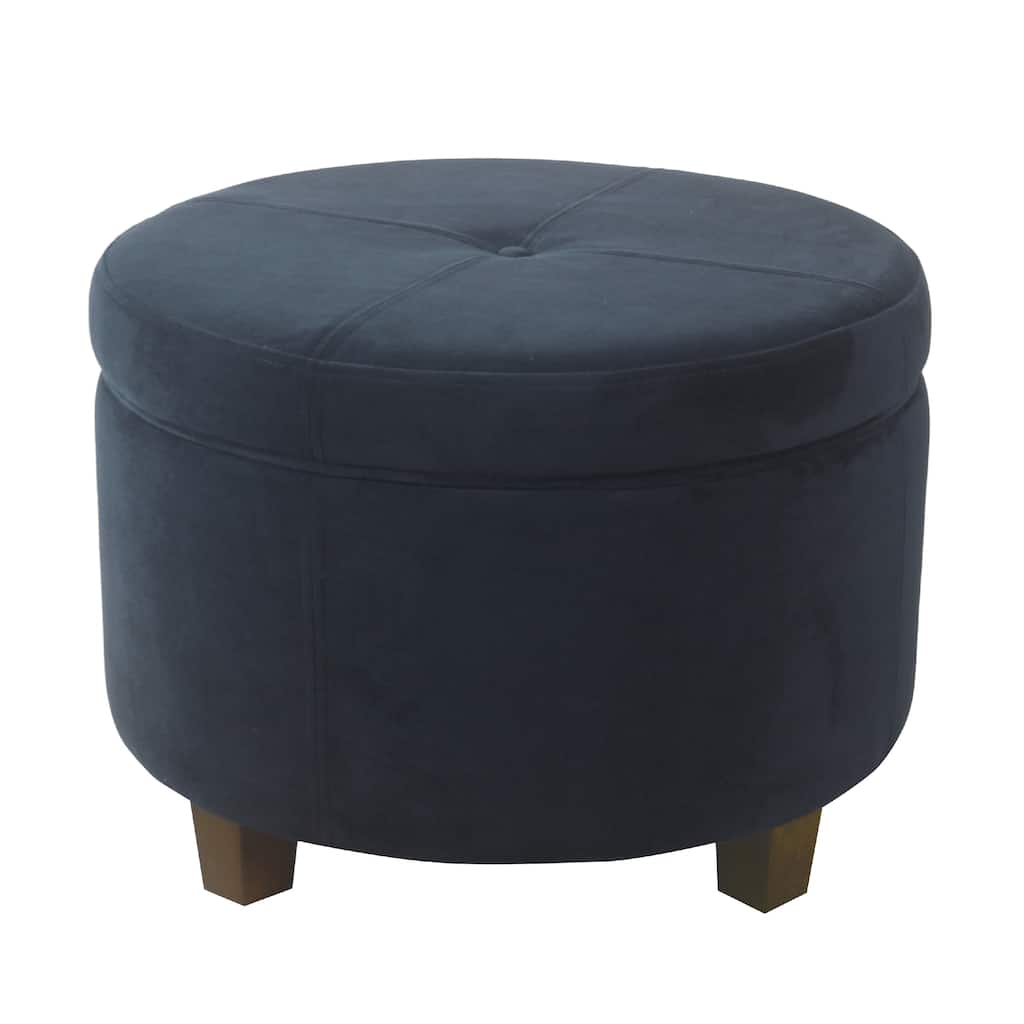 Soni Round Storage Ottoman, 24 Inch Navy Blue Velvet, Dark Brown Legs