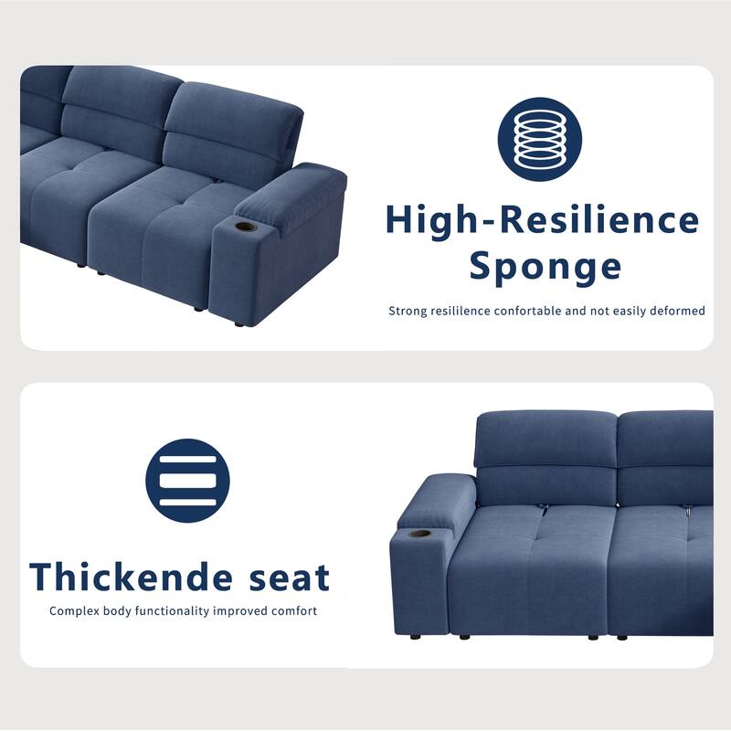 Down Filling Modular Deep Seat Couch L-shaped Sectional Sofa with Adjustable Backrest, Cup Holders, Storage Armrests and Ottoman