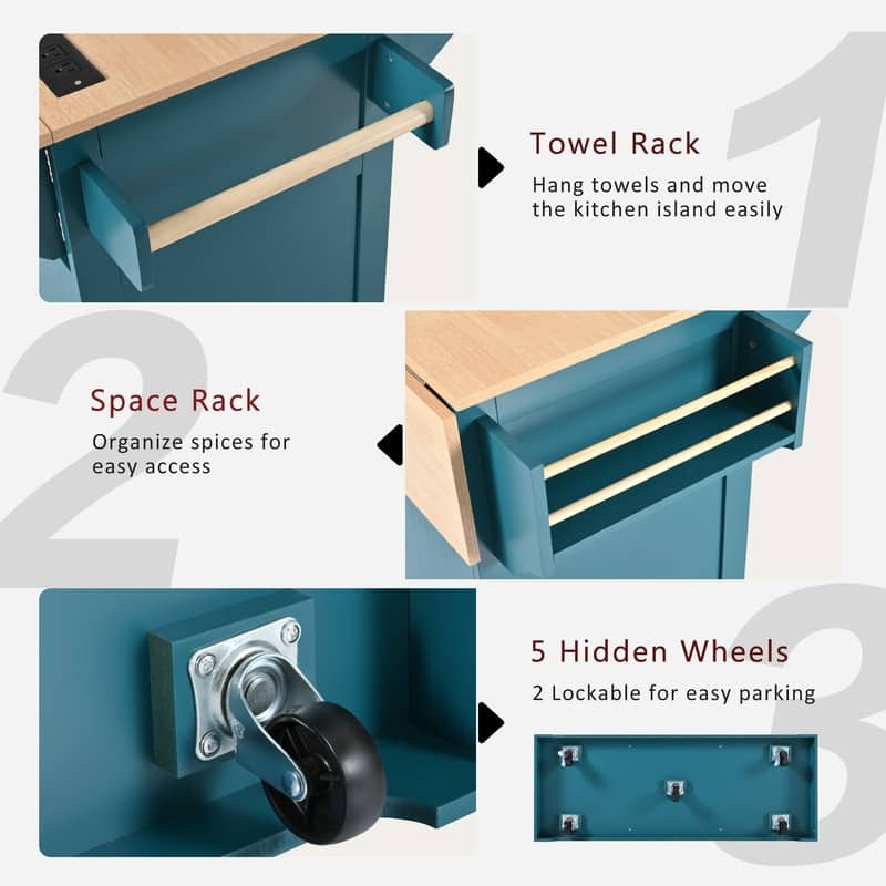55.7" Rolling Kitchen Island with 2 Drop Leaf Power Outlet Spice Rack and 3 Drawers