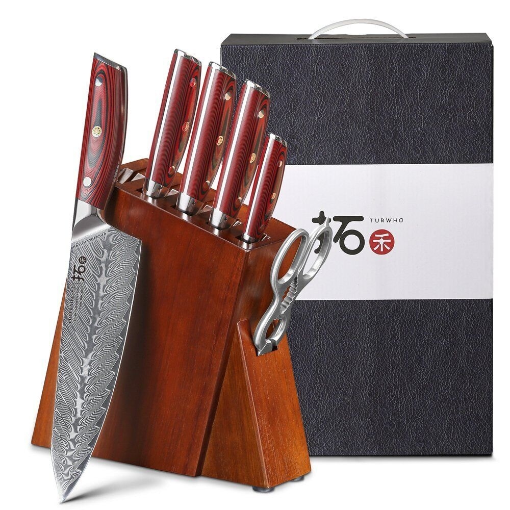 TURWHO 6 Pcs Kitchen Knives Sets High Carbon Japanese VG10 Damascus Steel  Chef Santoku Cleaver Bread Utility Knife G10 Handle