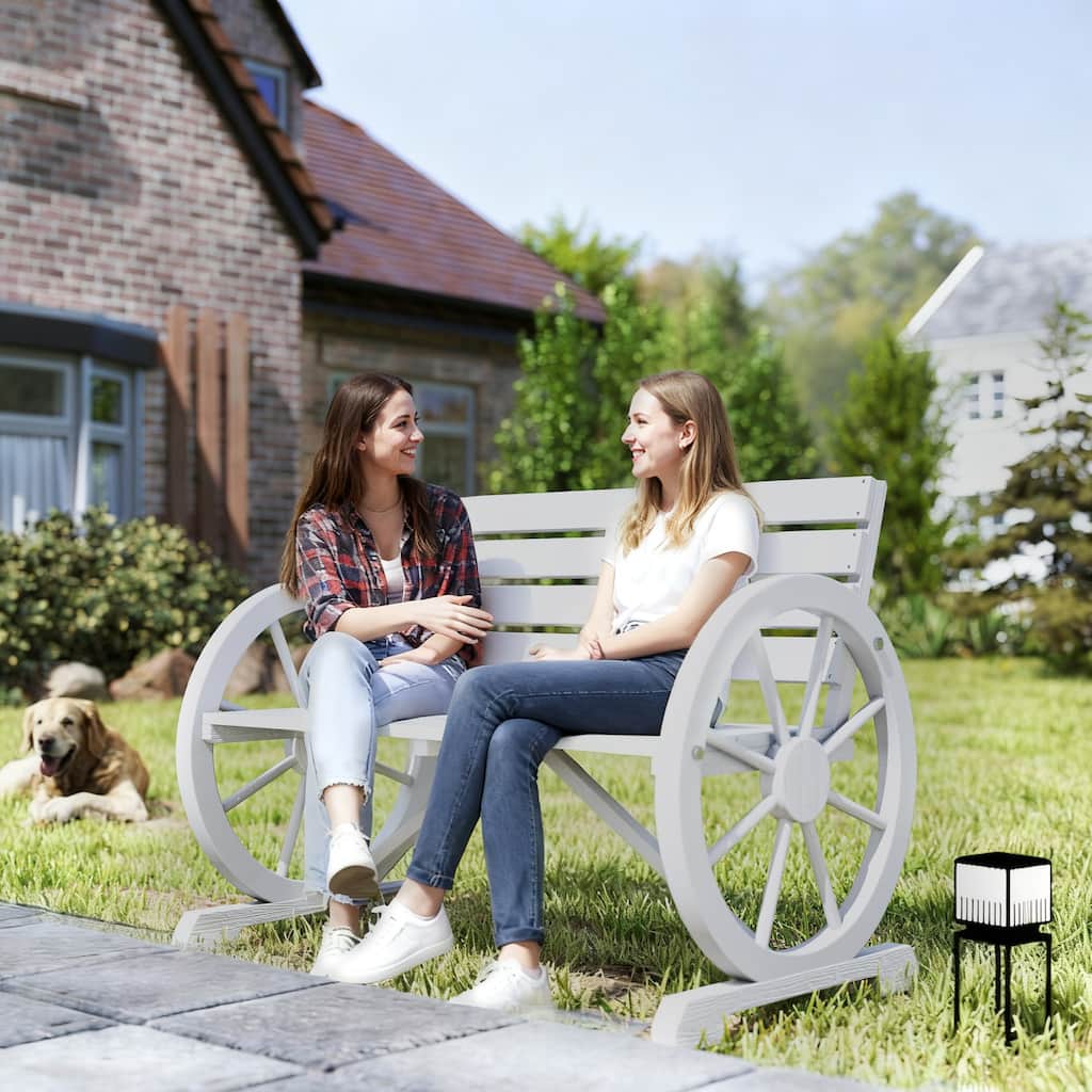Outsunny Outdoor Patio Wagon Wheel Wooden Bench Chair