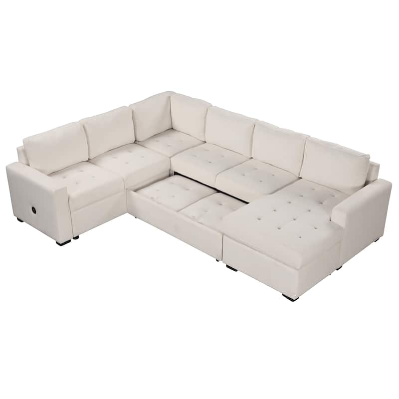 108.3'' Spacious U-Shape Sectional Sofa for 6, Pull-Out Bed, Lounge Chair with USB & Type-C Ports