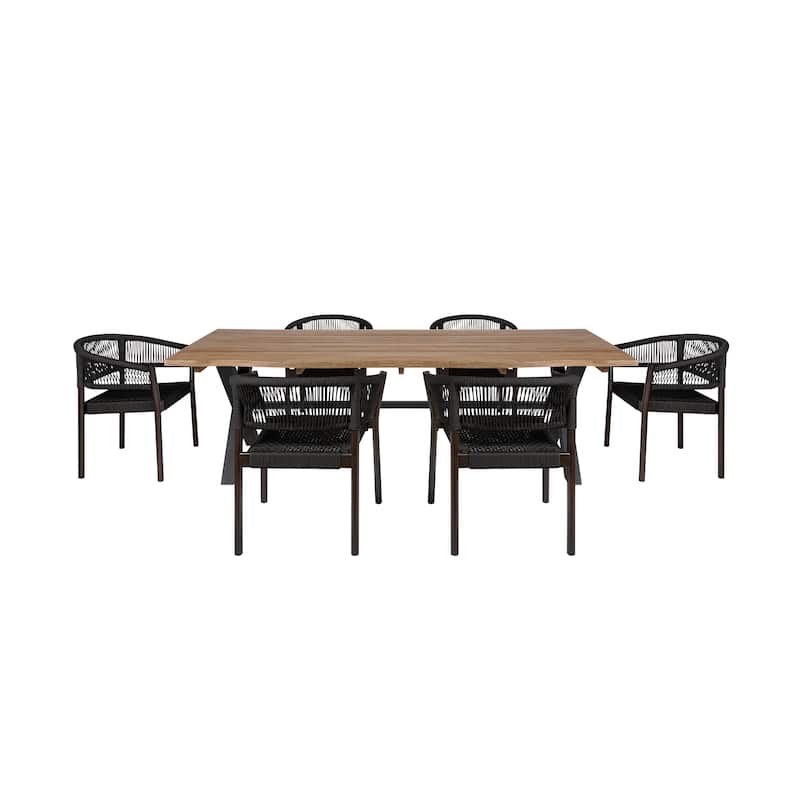 Glendora Doris Outdoor Patio 7 Piece Live Edge Dining Set in Eucalyptus Wood and Black Rope