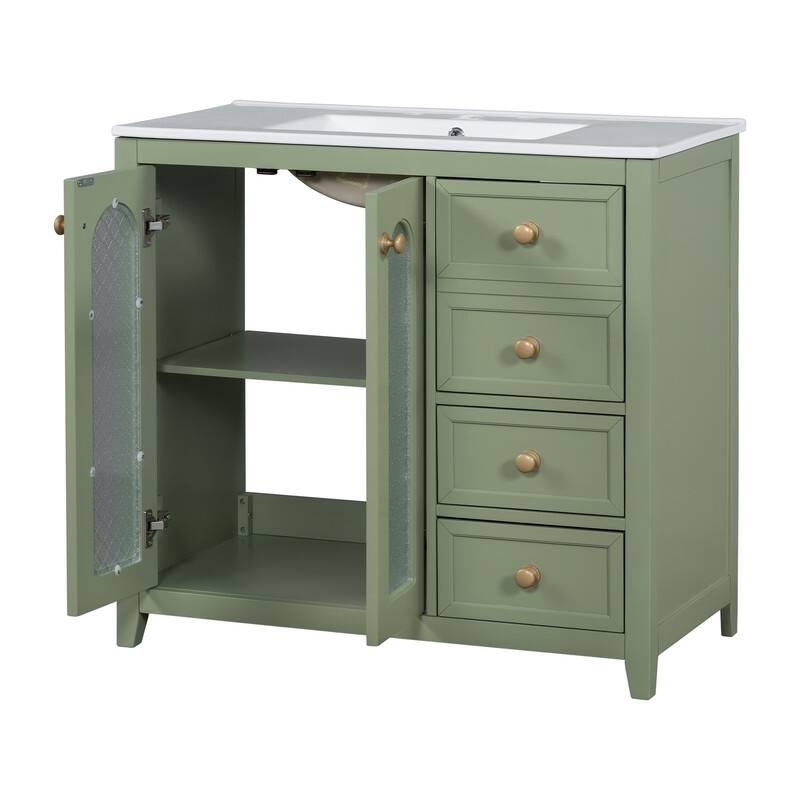 30''/36'' Bathroom Vanity with Sink, 3 Drawers Bathroom Storage Cabinet with Soft-Close Glass Door and Adjustable Shelf
