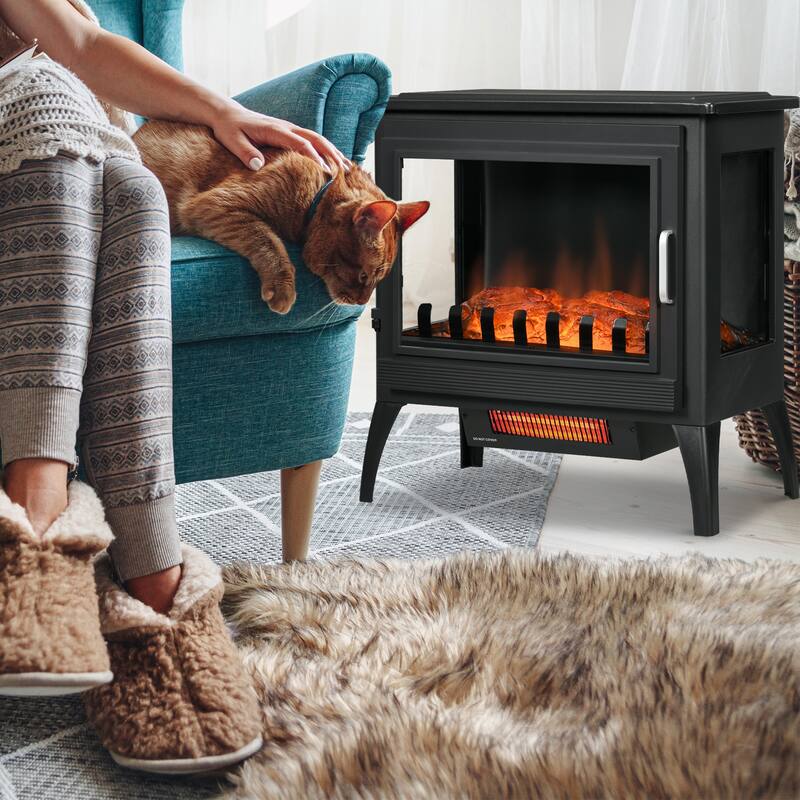 24" Electric Fireplace Stove, Freestanding Infrared Heater with Adjustable Temperature, Realistic Flame,Overheat Protection