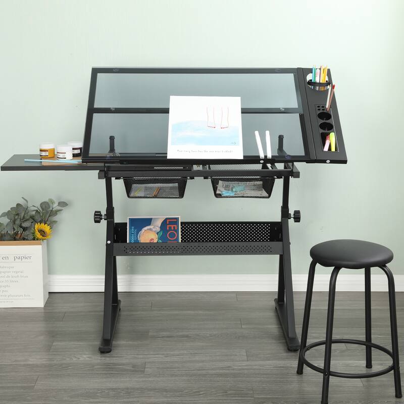black adjustable tempered glass drafting printing table with chair