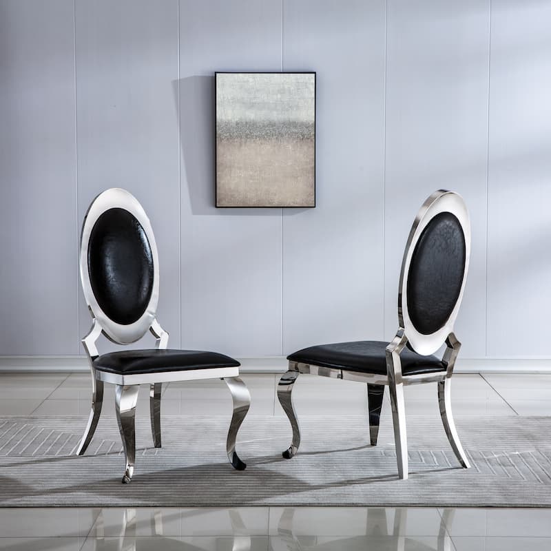 Set of 2 Leatherette Dining Chair with Oval Backrest and Steel Legs