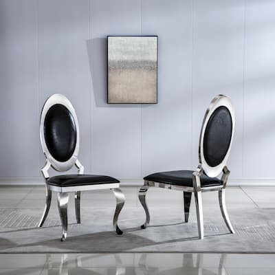 Set of 2 Leatherette Dining Chair with Oval Backrest and Steel Legs