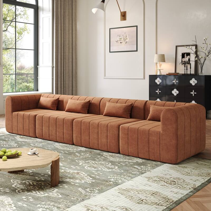 145.5" 4 Pieces Modular Full-Compressed Polyester Upholstered Sectional Sofa - Orange