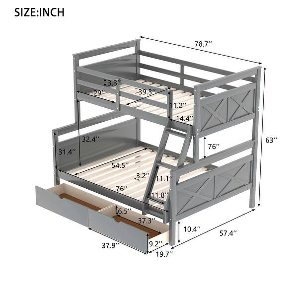 Modern Twin over Full Bunk Bed with ladder, Two Storage Drawers, Safety Guardrail