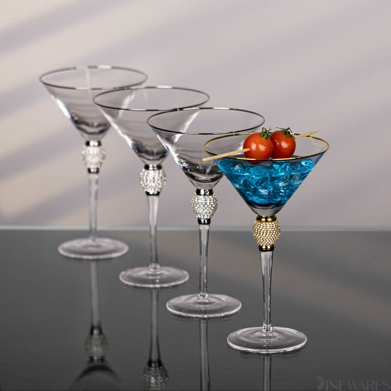 Premium Clear Stem Crystal Martini Glasses with Rim and Diamond-like Rhinestones, Elegant 10oz Glassware Set for Cosmopolitan