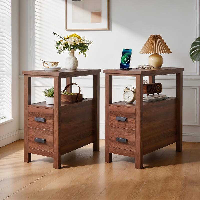 End Table with Charging Station,Side Tables with USB Ports & Outlets,Side Table with 2 Drawers, Small Wood Bedside Table