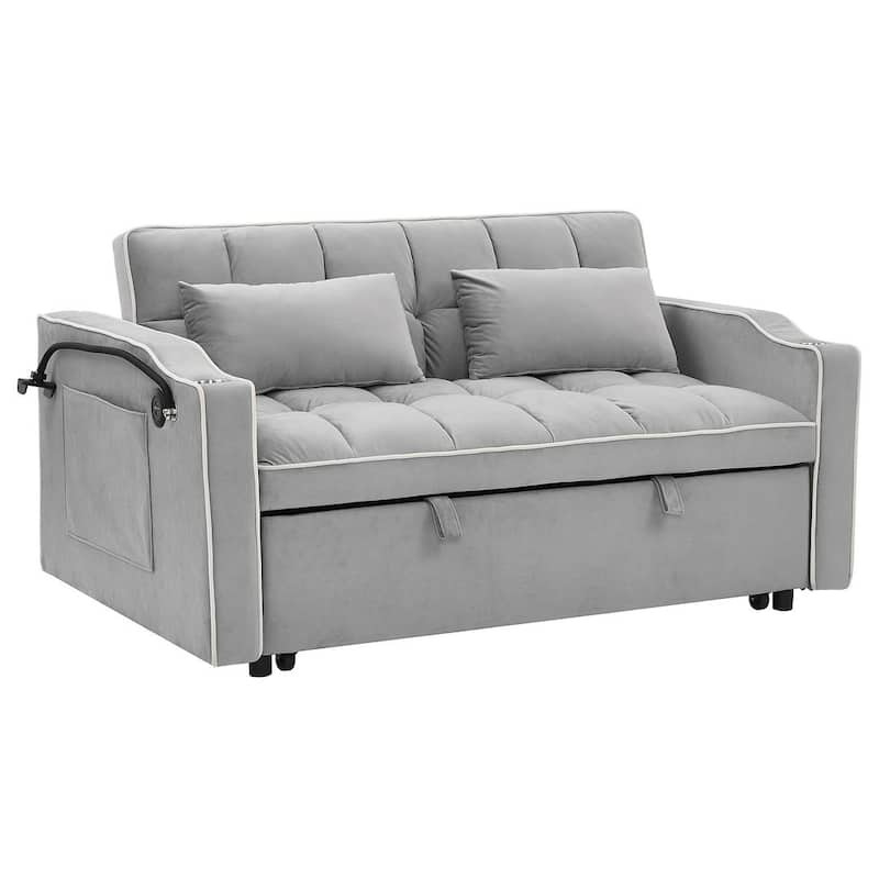 55.51'' Modern Versatile Foldable Sofa Bed With Adjustable Back and USB Port and Ashtray and Swivel Phone Stand