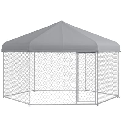 PawHut Dog Kennel Outdoor Dog Run with Waterproof, UV Resistant Roof, Lockable Door, for Medium and Large-Sized Dogs, Silver