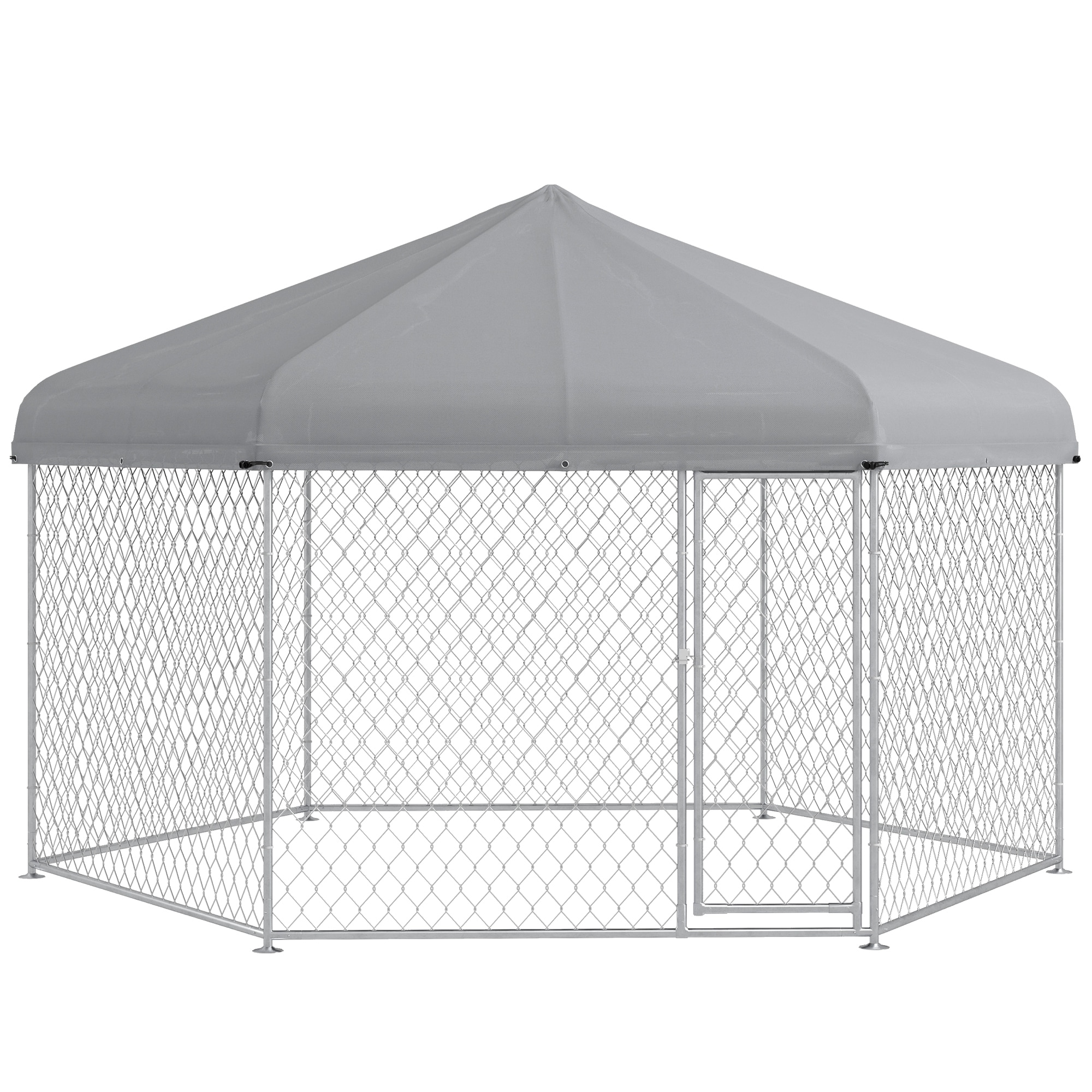 PawHut Dog Kennel Outdoor Dog Run with Waterproof, UV Resistant Roof, Lockable Door, for Medium and Large-Sized Dogs, Silver