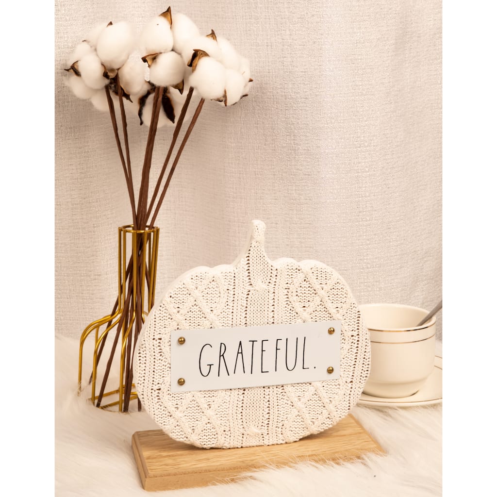 Rae Dunn Fall Pumpkin Décor - Pumpkin Plaque w/ Cotton Fabric and Metal Plate - Grateful - Desktop