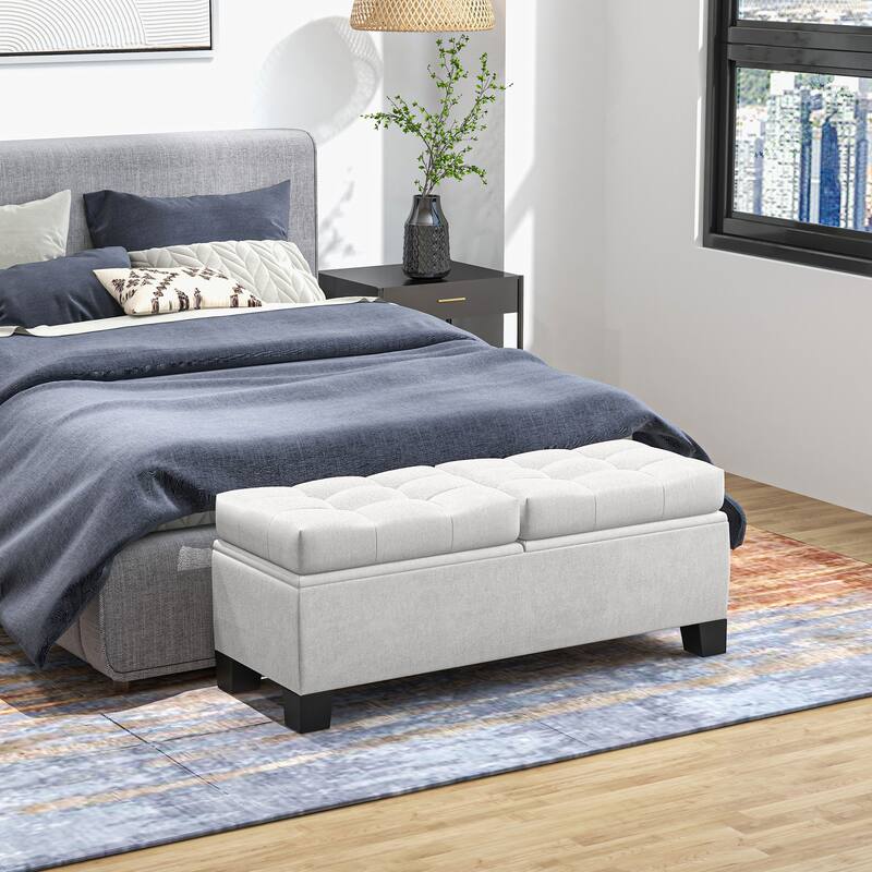 46" Storage Ottoman Bench, Upholstered End of Bed Bench with Steel Frame, Button Tufted Storage