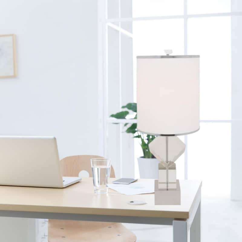 Clear Silver Faux Crystal Lamp with White Linen Drum Shade and 3 Way Switch - 12” x 12” x 31” (D x W x H)